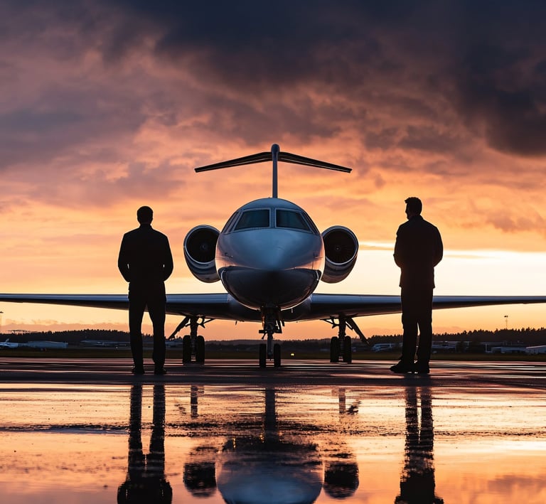 Private jet at sunset